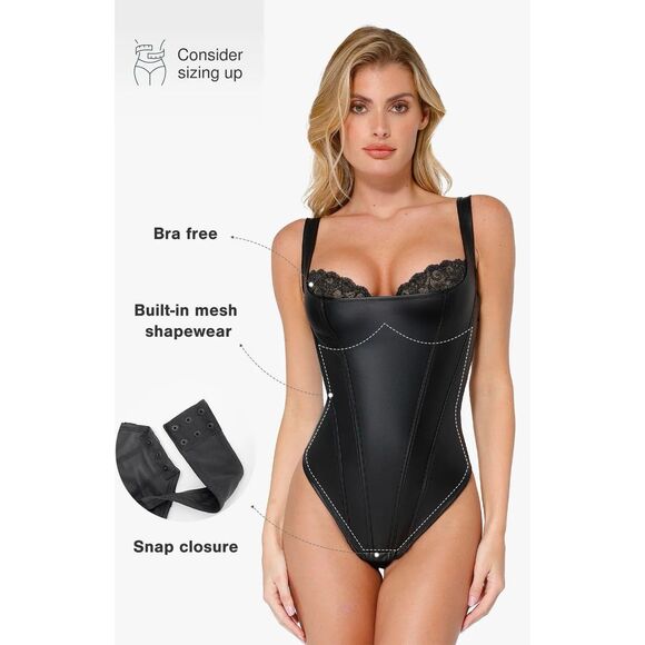 POPILUSH Shapewear Faux Leather Lace Balconette Sculpting Bodysuit 📦 - Picture 6 of 14